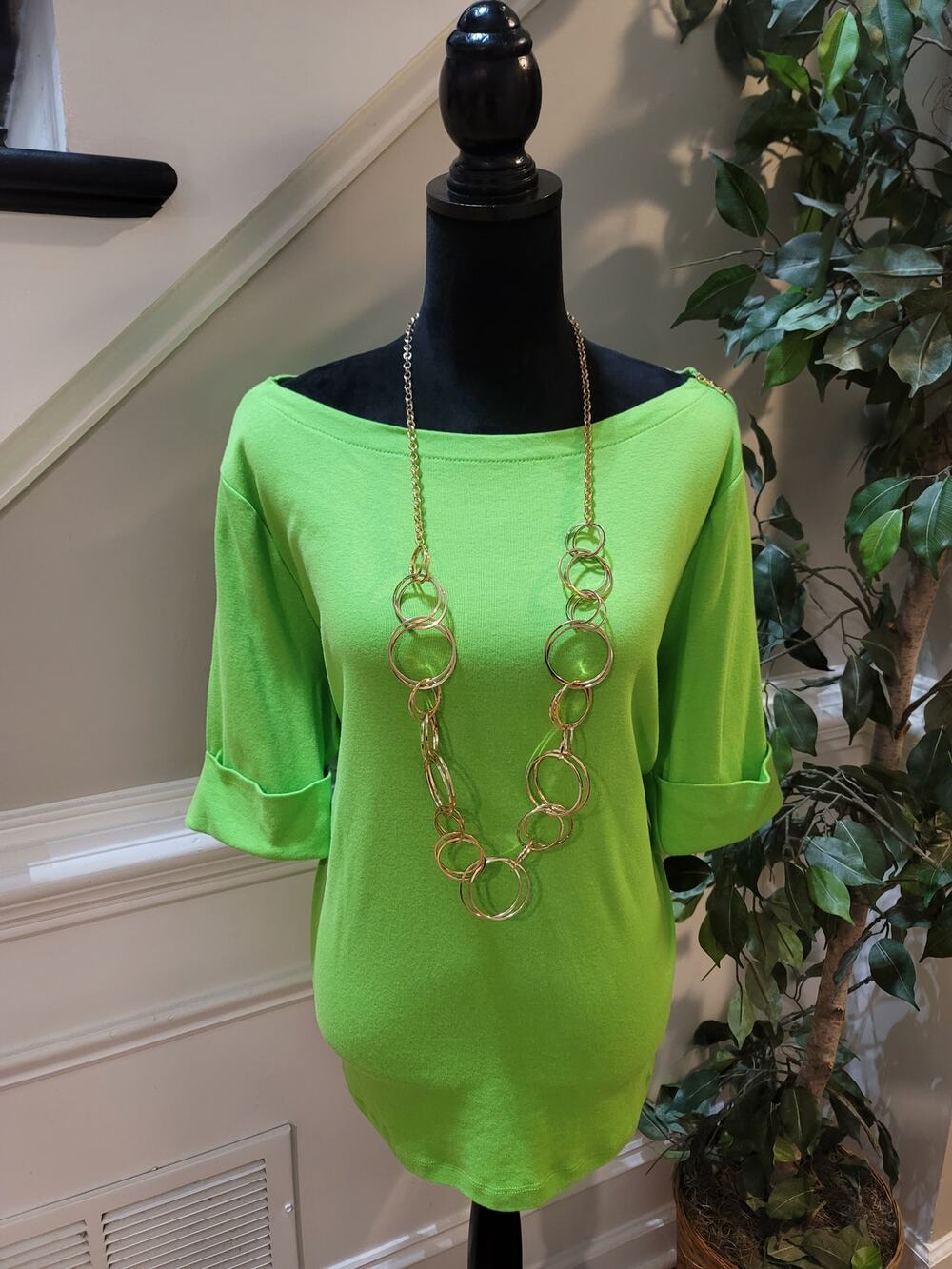 Lauren Ralph Lauren Blouse Top Womens SZ 1X Lime Green Shoulder Zipper Boat Neck